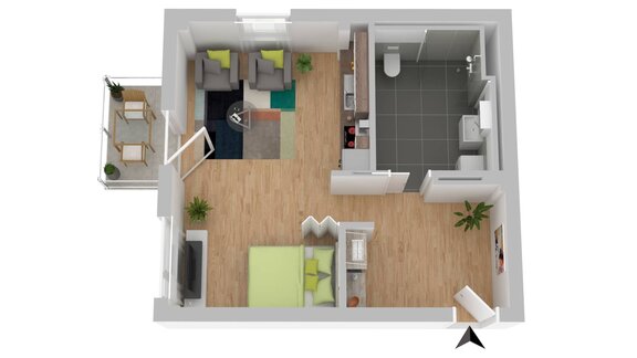 3D Modell 1 Zimmer Wohnung