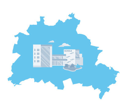 Grafik eines Schulgebäudes vor der Silhouette des Landes Berlin 