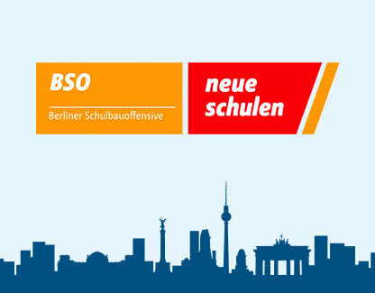 Bild – Grafik mit Logo der Schulbauoffensive und der Silhouette Berlins 