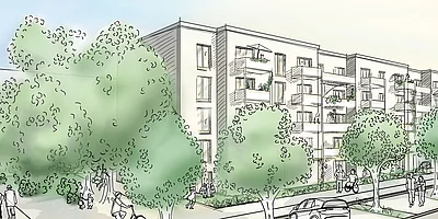 Illustration, Blick auf Straße mit Menschen und Bäumen und Haus mit Balkonen