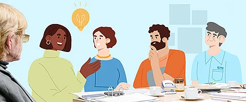 Illustration diverser Menschen, die an einem Tisch sitzen und sprechen