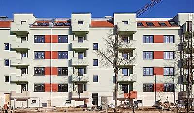 Außenansicht einer Musterwohnung des Neubauprojektes Gartenstadt Karlshorst
