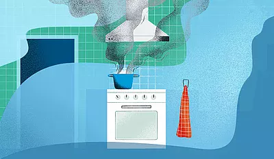Eine Illustration einer Küche mit viel Rauch
