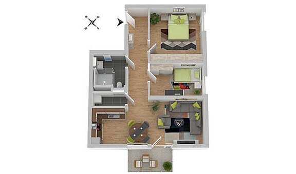 Urbaner Holzbau Grundriss 3-Zimmer quadratisch