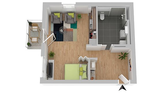 3D Modell 1 Zimmer Wohnung