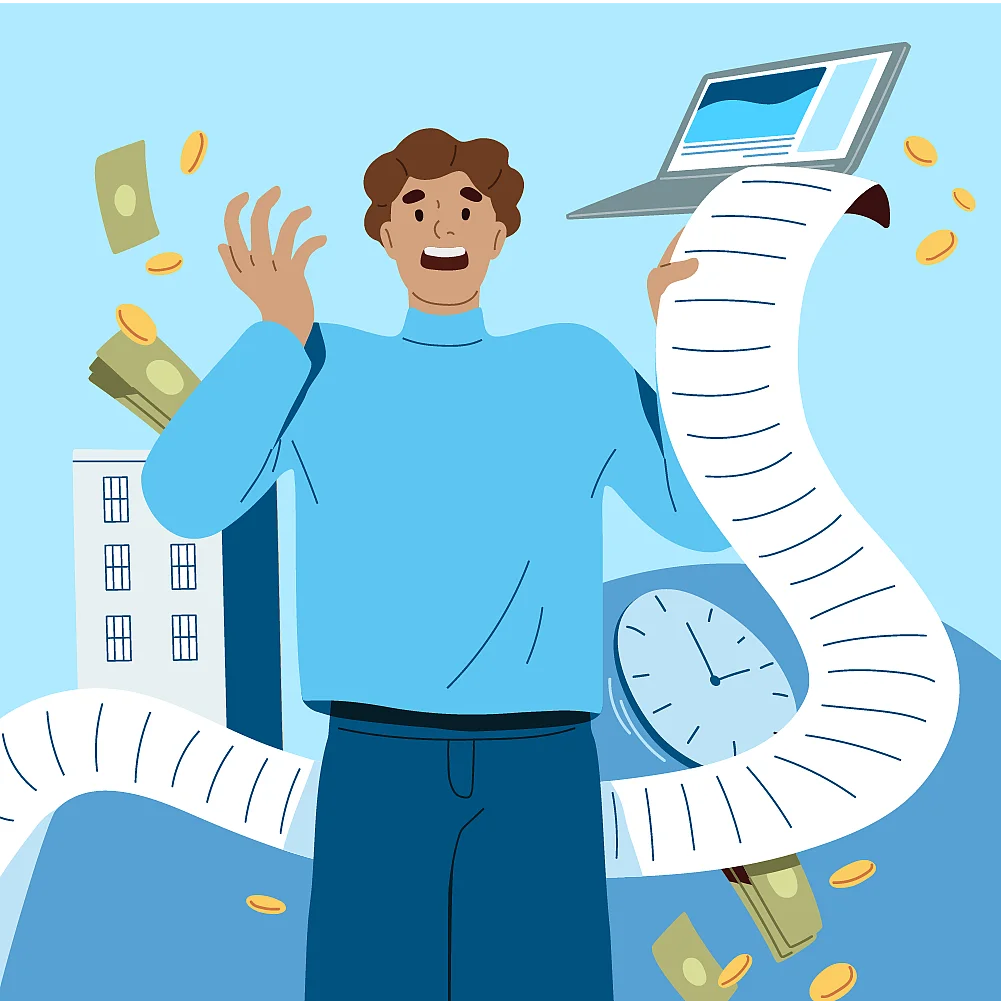 Ein erschrockener Mann steht mit einer langen Rechnung in den Händen, umgeben von fliegendem Geld, Münzen, einem Laptop, einer Uhr und einem Gebäude – symbolisch für Finanzen, Zeitmanagement und Büroarbeit.