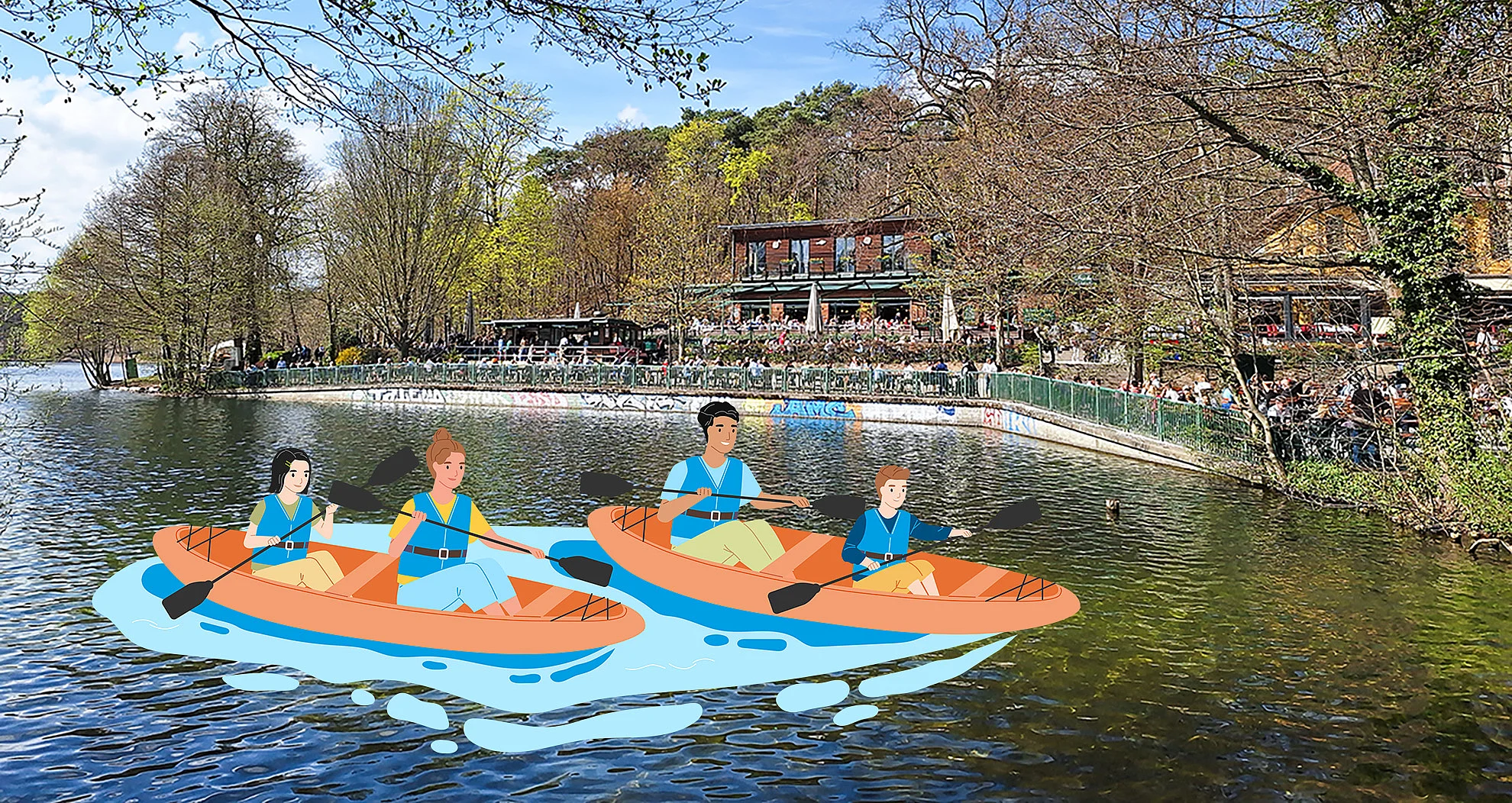 See "Krumme Lanke" umrandet von kahlen Laubbäumen, auf dem See eine Animation von einem Boot mit Personen innerhalb. 