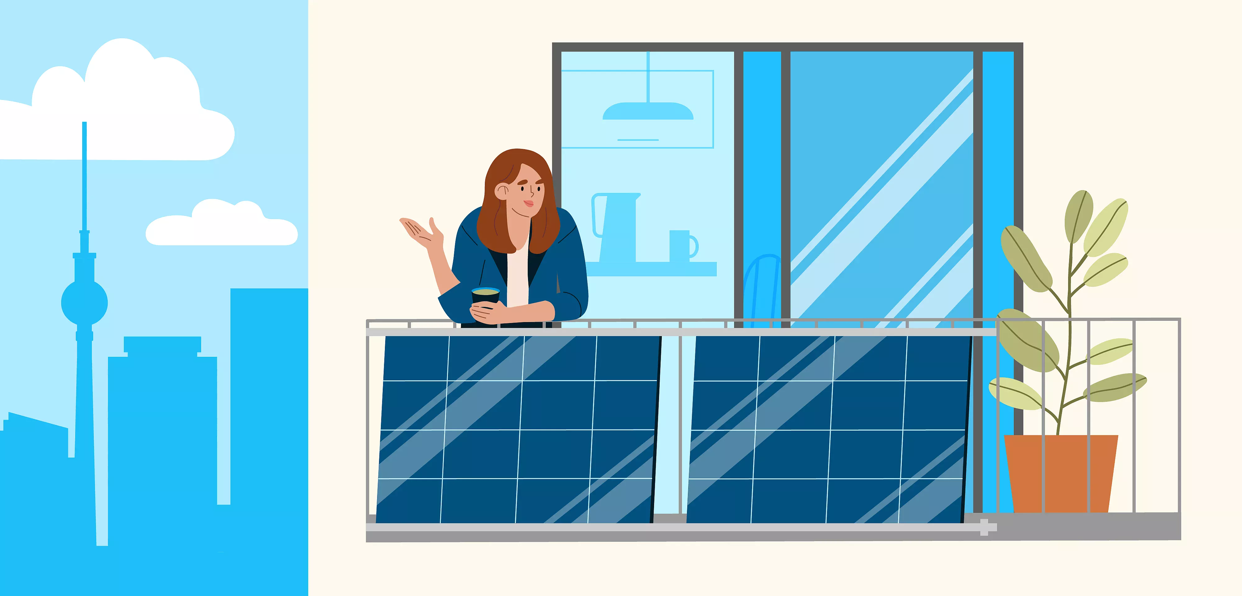 Eine Frau lehnt an einem Balkon mit Solarpanelen, neben ihr steht eine Pflanze im Topf. Im Hintergrund ist eine Stadtsilhouette mit dem Berliner Fernsehturm zu sehen. Die Szene wirkt modern und nachhaltig.
