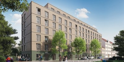 3D-Visualisierung, Blick auf Straße und Vorderseite des Gebäudes