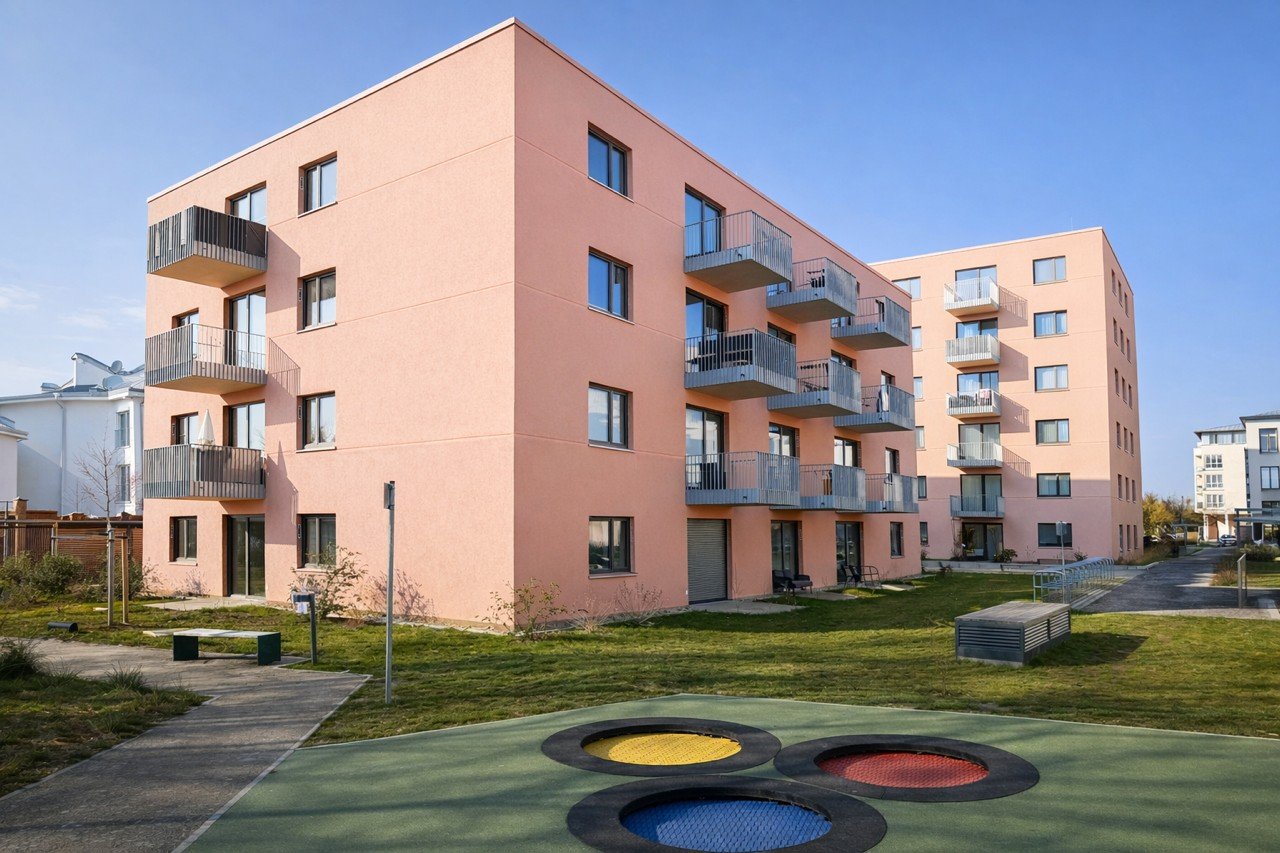 Rosa farbige Fassade von dem Neubau, davor Grünwiese mit Spielplatz
