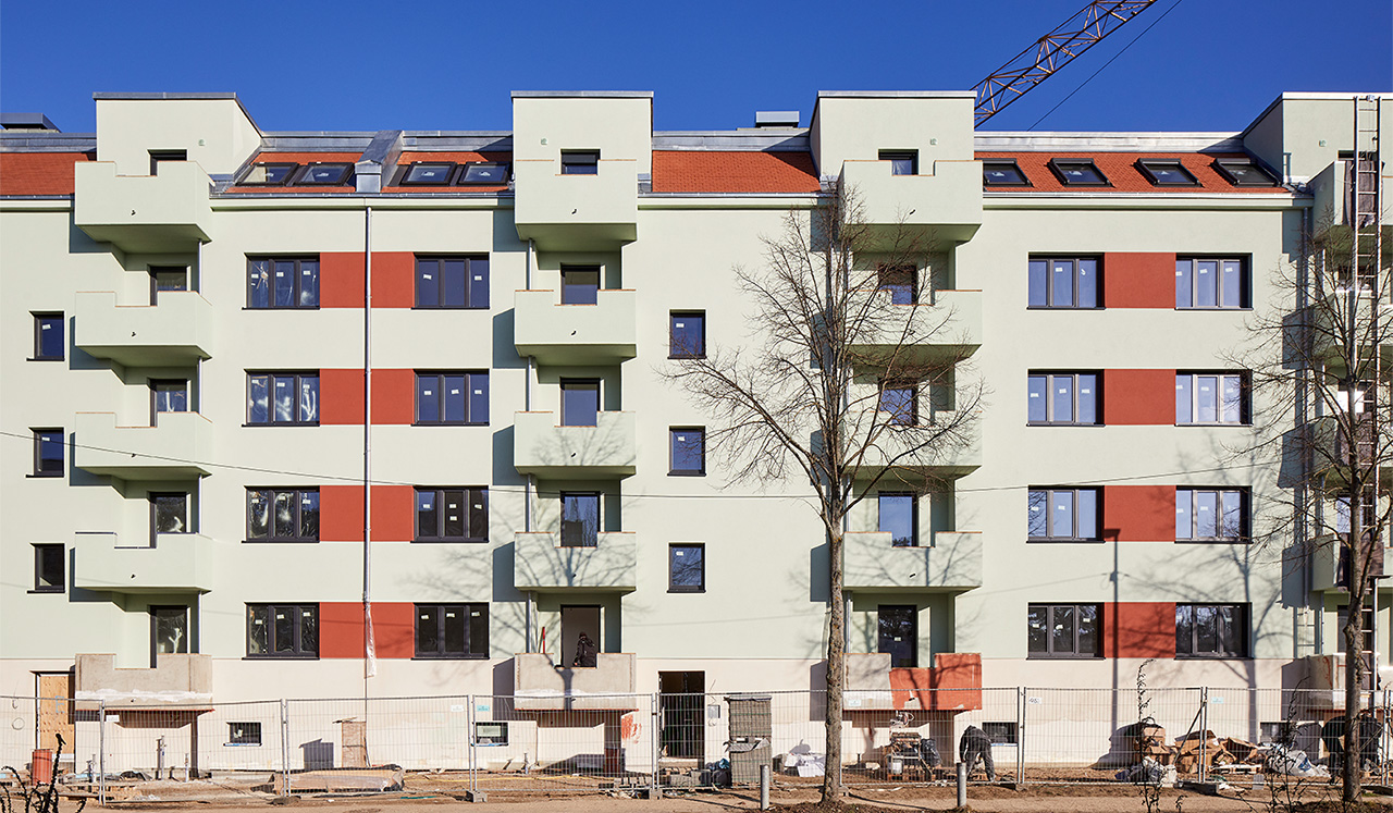 Außenansicht einer Musterwohnung des Neubauprojektes Gartenstadt Karlshorst