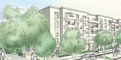 Illustration, Blick auf Straße mit Menschen und Bäumen und Haus mit Balkonen