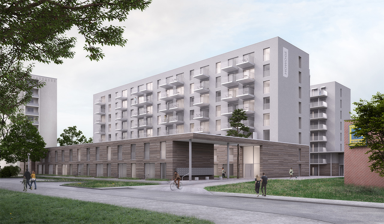 Visualsierung mit Weitsicht auf die Straße mit gehenden Menschen und der Vorderseite des Gebäudes. Der untere Teil des Gebäudes hat eine Holzfassade. 