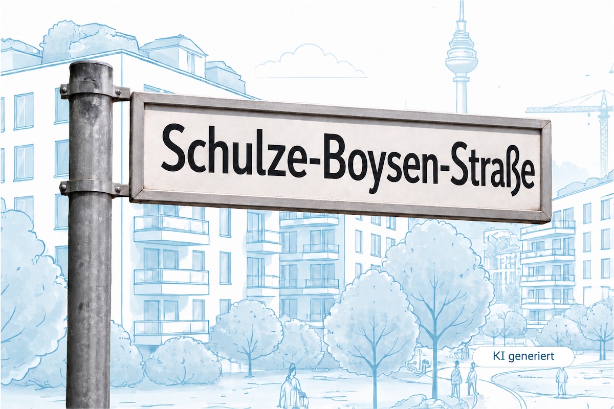ein Straßenschild mit der Aufschrift "Schulze-Boysen-Straße". Der Bild ist KI generiert