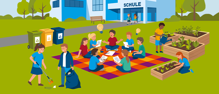 Eine illustrative Darstellung von Kindern, die vor der Schule Pflanzen gießen, Müll sammeln und kreative Ideen austauschen.