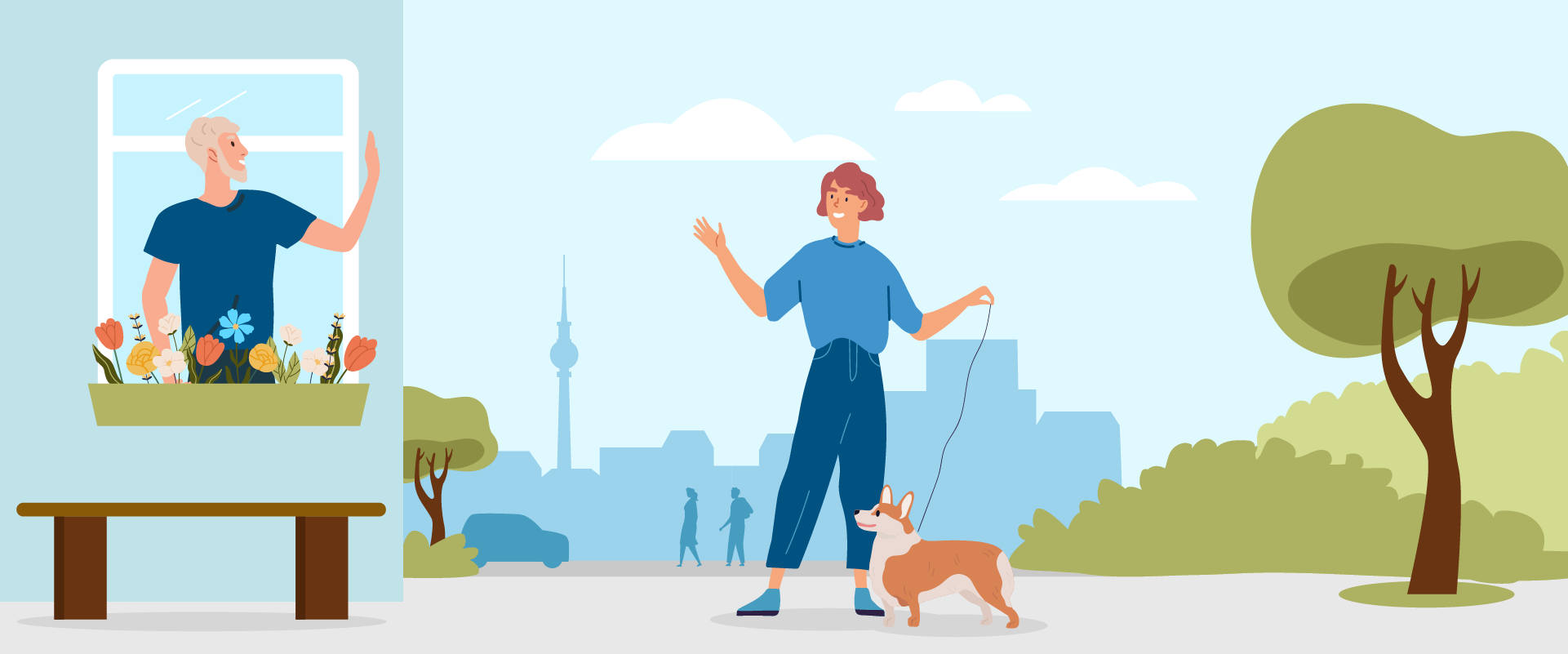 Illustration mit 2 Menschen. einer winkt aus dem Fenster, die andere auf der Straße mit einem Hund