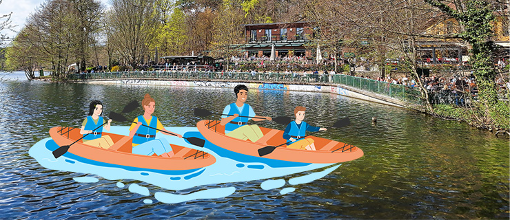 See "Krumme Lanke" umrandet von kahlen Laubbäumen, auf dem See eine Animation von einem Boot mit Personen innerhalb. 