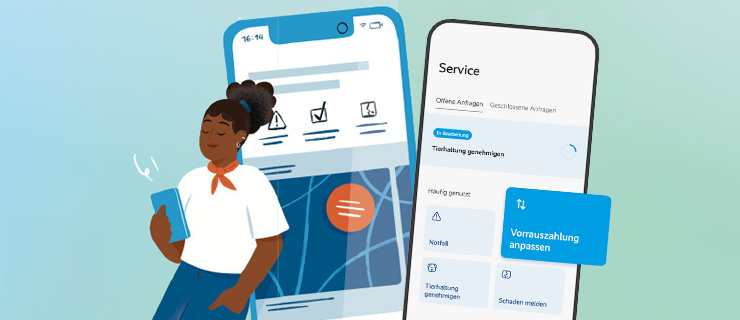 Illustration einer Frau, die an einem riesigen Smartphone lehnt. Das Smartphone zeigt illustrativ die Mieter-App. Daneben ist ein Screenshot des aktuellen Startscreens der App abgebildet.