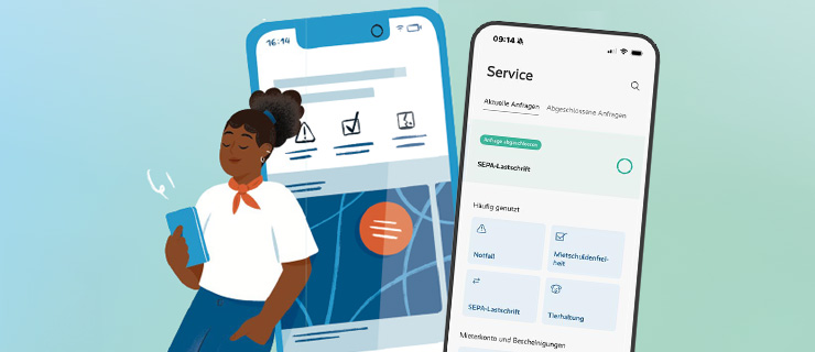 Illustration einer Frau, die an einem riesigen Smartphone lehnt. Das Smartphone zeigt illustrativ die Mieter-App. Daneben ist ein Screenshot des aktuellen Startscreens der App abgebildet.