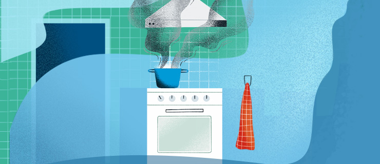Eine Illustration einer Küche mit viel Rauch
