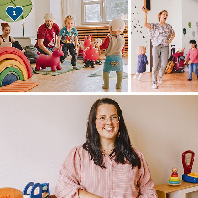 Collage aus verschiedenen Situationen im Familienzentrum. Spielzimmer, Erzieherinnen