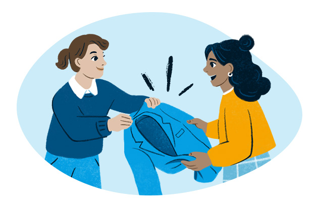 Two women exchange an article of clothing and talk about it.