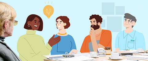Illustration mit Menschen, die an einem Tisch sitzen und sich besprechen