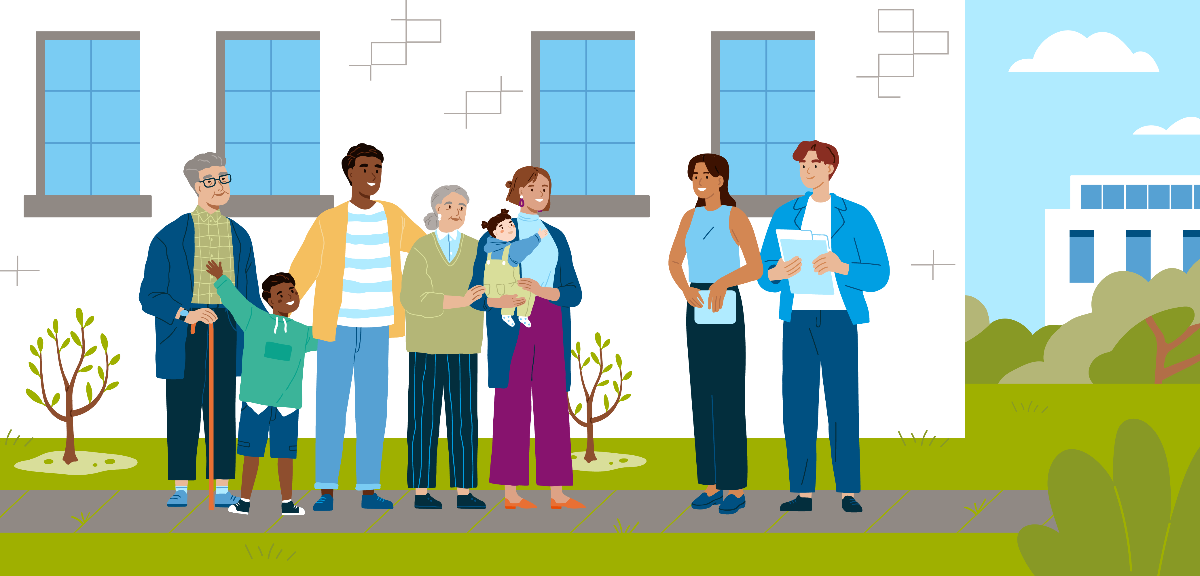 Illustration mit Menschen verschiedener Generationen im Gespräch vor einem Wohnhaus. Ein offener Austausch in freundlicher Atmosphäre.