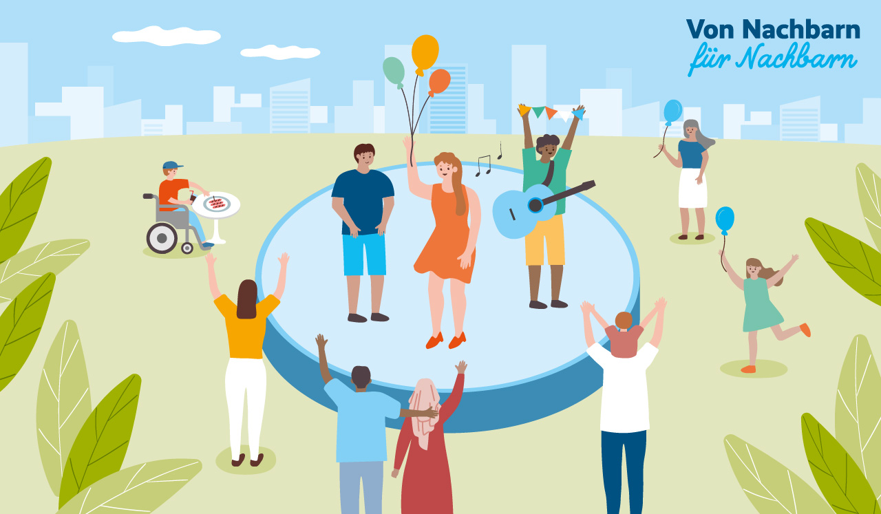 Illustration einer Nachbarschaftssituation verschiedener Mieter. Sie feiern im Park mit Luftballons und Musik. 