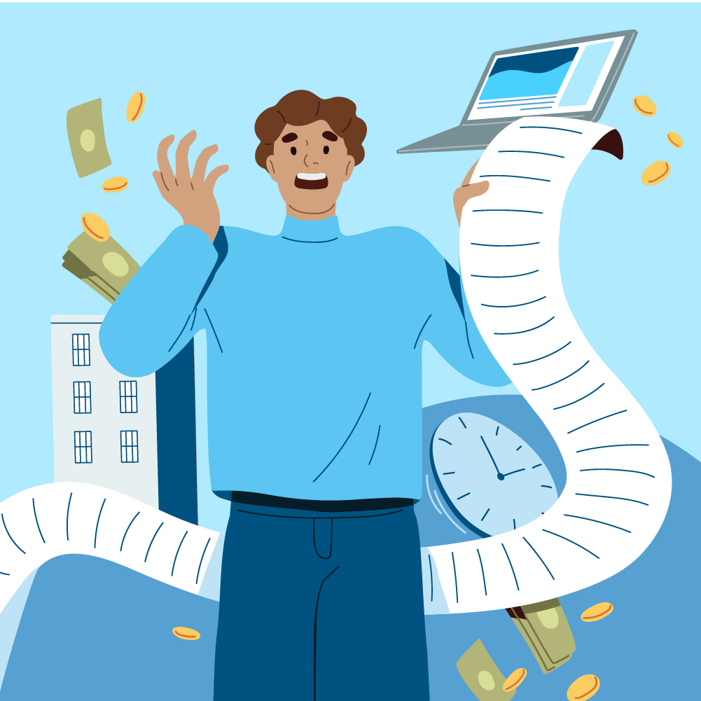 Ein erschrockener Mann steht mit einer langen Rechnung in den Händen, umgeben von fliegendem Geld, Münzen, einem Laptop, einer Uhr und einem Gebäude – symbolisch für Finanzen, Zeitmanagement und Büroarbeit.