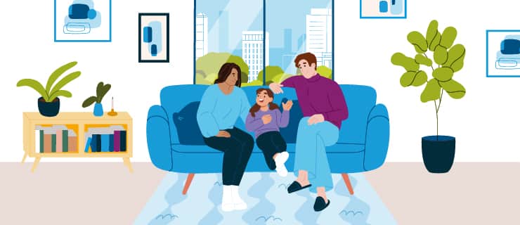 Eine Illustration einer Familie in einer Wohnung, bestehend aus Mutter, Vater und Kind. Sie sitzen auf einem Sofa.