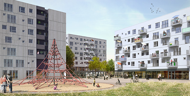 3D Render des Bauprojekts am Mühlengrund; Im Hintergrund der Neubauten mit weißter Fassade; Im Vordergrund ein Klettergerüst