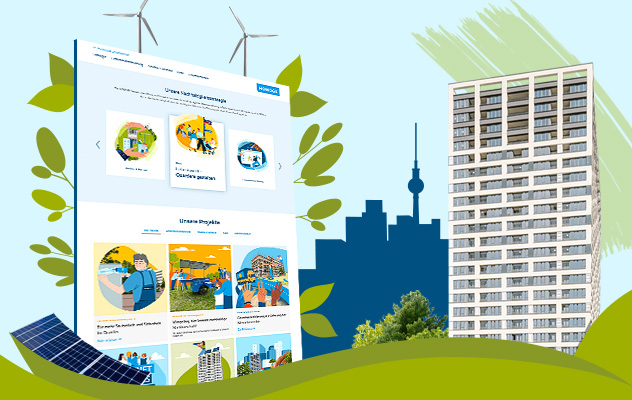 Visualisierung der Nachhaltigkeits-Microsite neben einem großem Gebäude