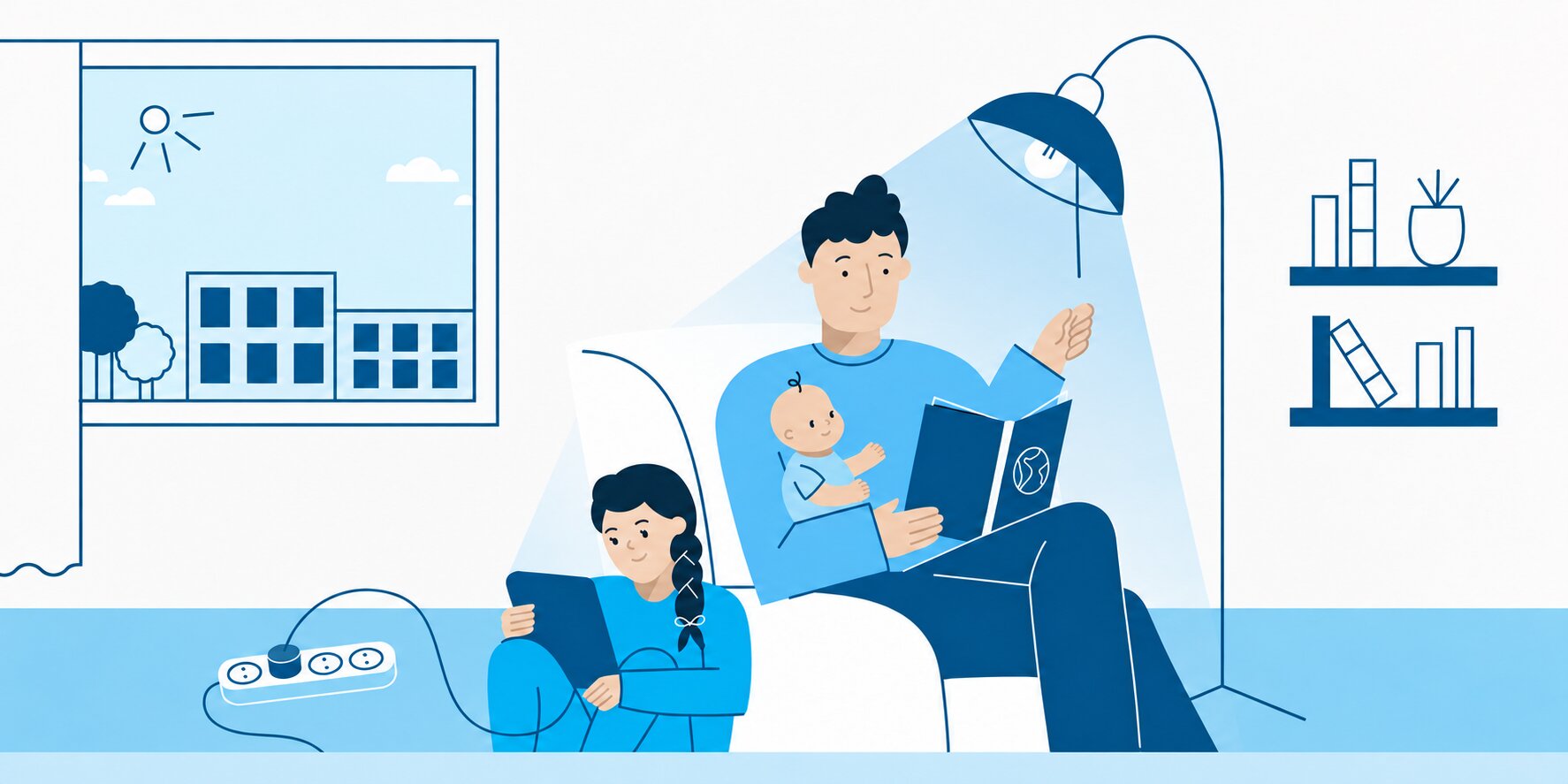 eine Illustration eines Mannes, der auf dem Sessel sitzt und etwas liest. daneben eine Lampe, die er gerade anschaltet und die dann leuchtet.