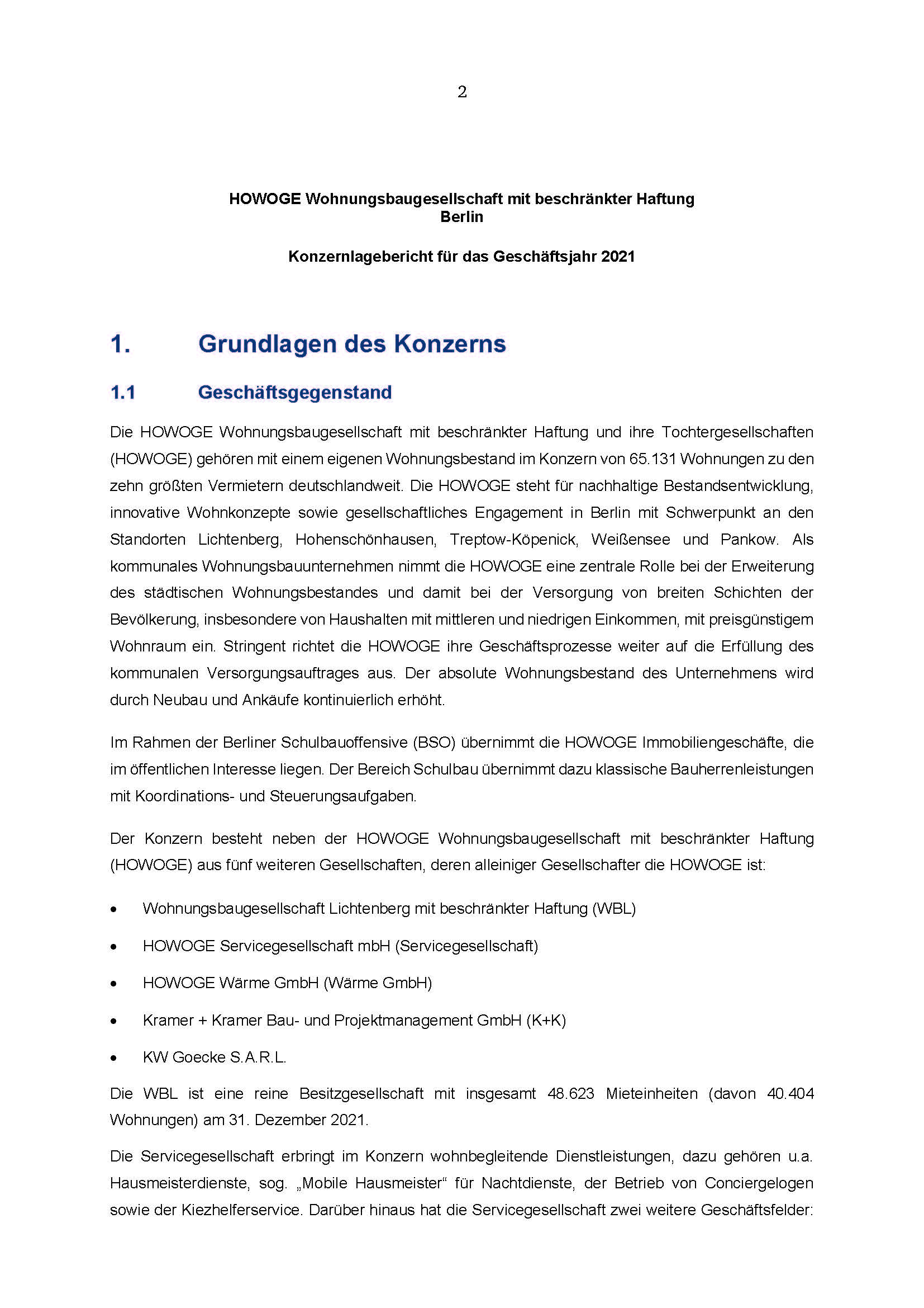 Bild – Erste Seite des Lageberichts 2021 der HOWOGE