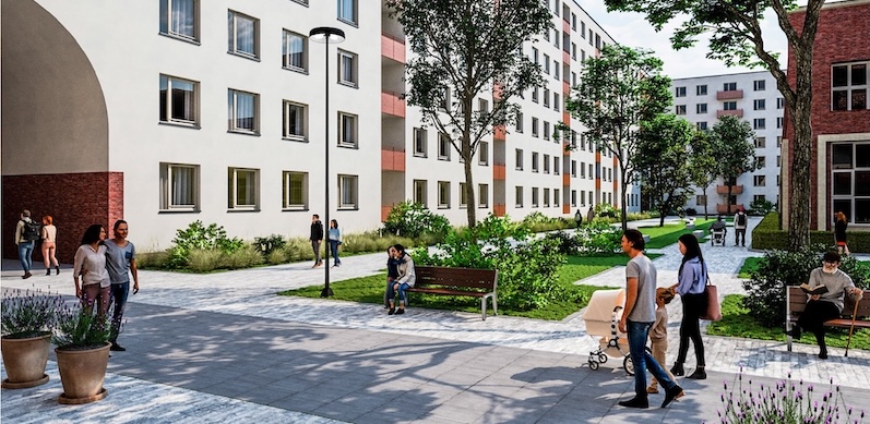 Rendering eines begrünten Wohnhofs mit weißen Gebäuden, Backstein-Akzenten und spazierenden Menschen.