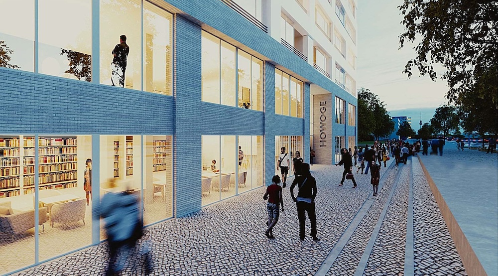 Visualisierung einer gläserenen Außenfassade mit einer Bücherei. Menschen laufen davor