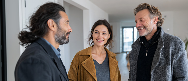 Ein schwangeres heterosexuelles Paar besichtigt eine moderne und lichtdurchflutete Wohnung. Der Makler ist ethnisch indischer Herkunft und erklärt ihnen die Besonderheiten des Mietobjektes.  