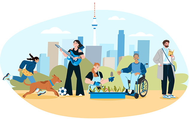 Illustration von einer Gruppe diverser Menschen: Eine Jugendliche läuft neben einem Hund, eine Rock-Liebhaberin spielt Gitarre, eine Gärtnerin pflanzt Blumen, ein älterer Mann sitzt im Rollstuhl, ein junger Mann liest ein Buch. 