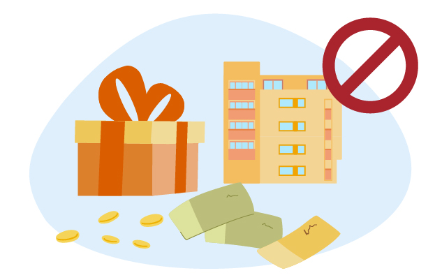 Illustration von Bestechungsgeld und einem Verbotszeichen vor einem Wohnhaus.