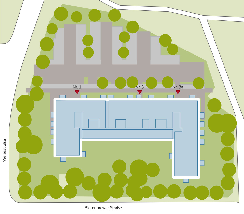 Lageplan des Gebäude. Man erkennt, wo sich die Hauseingänge befinden